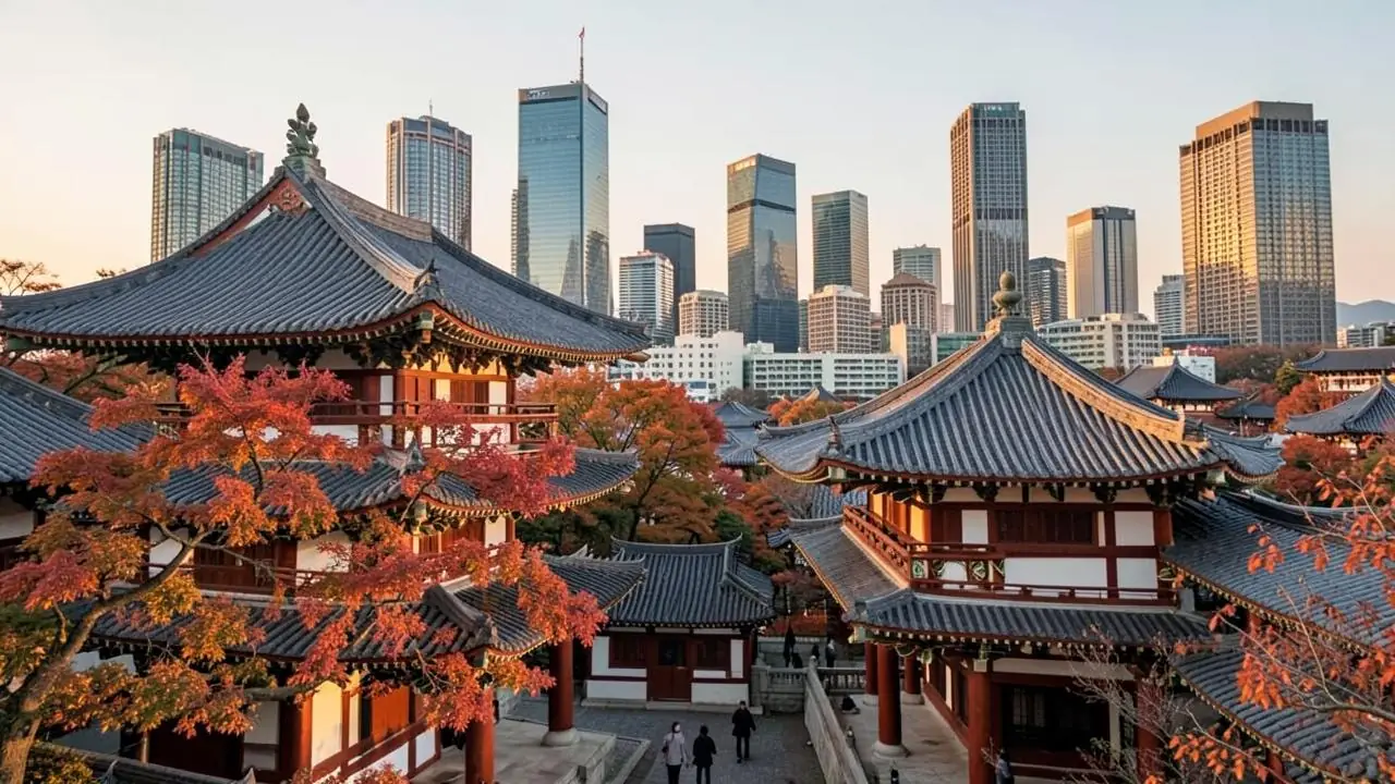 Gyeongbokgung palace in Seoul with Bugaksan mountain rising behind it