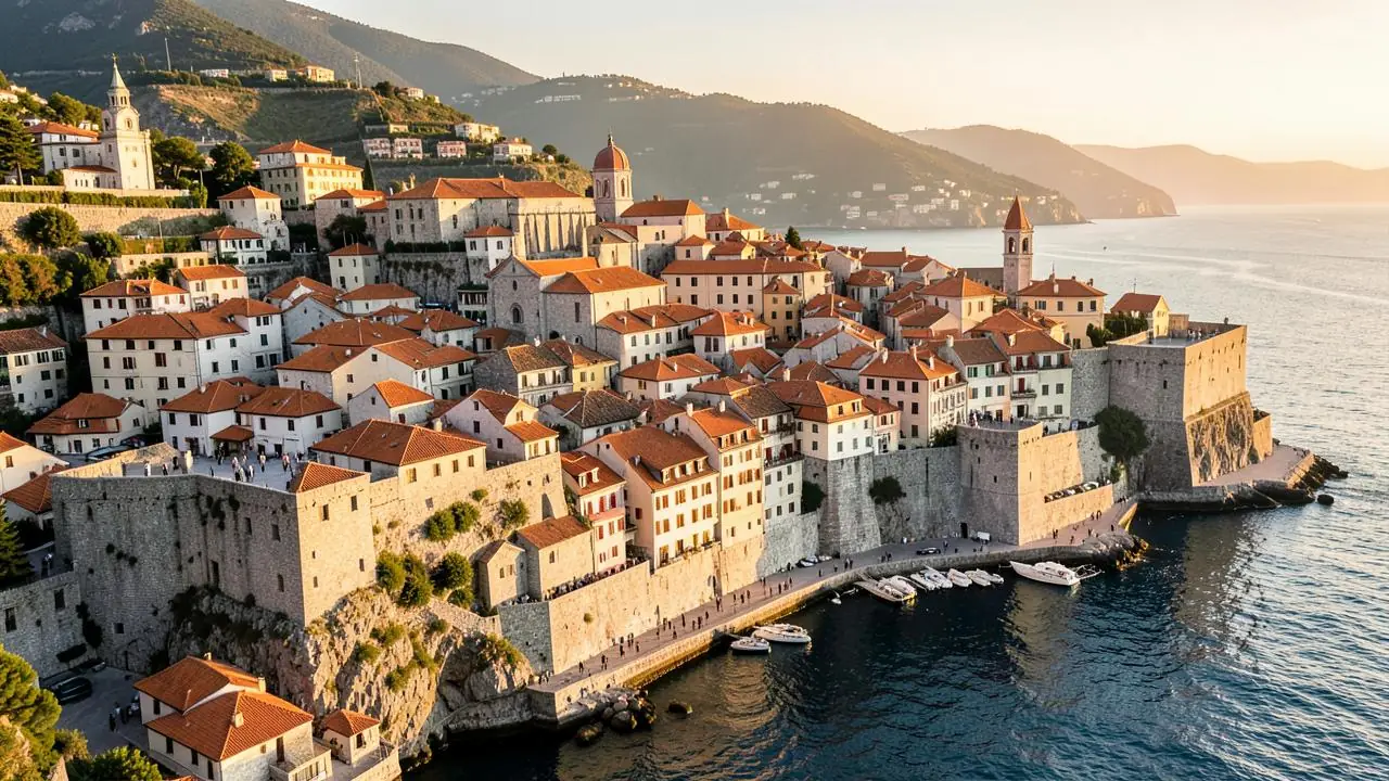 The walls and terracotta roofs of Dubrovnik old town above the Adriatic at dawn