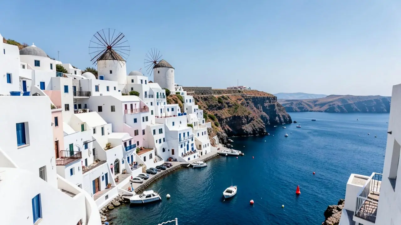 A flat sheltered bay on the southern coast of Mykonos with whitewashed buildings above