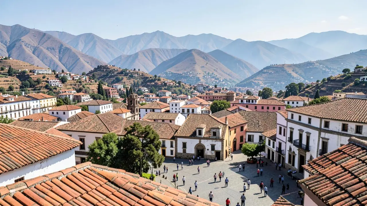 Colonial rooftops and Inca stone walls in Cusco with mountains behind