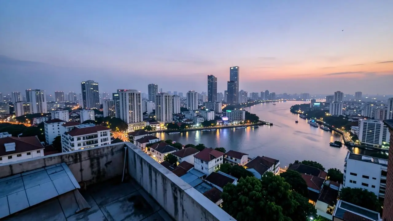 A rooftop pool in District 1, Ho Chi Minh City, above the evening skyline
