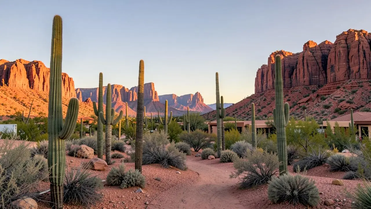 Low adobe casitas and saguaro cactus below Camelback Mountain at dusk
