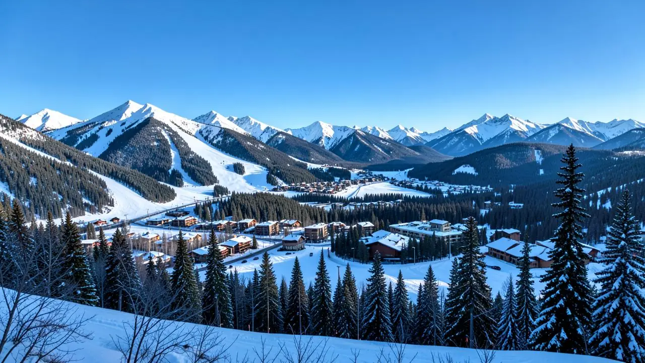 A gondola rising above a Colorado ski village in fresh snow