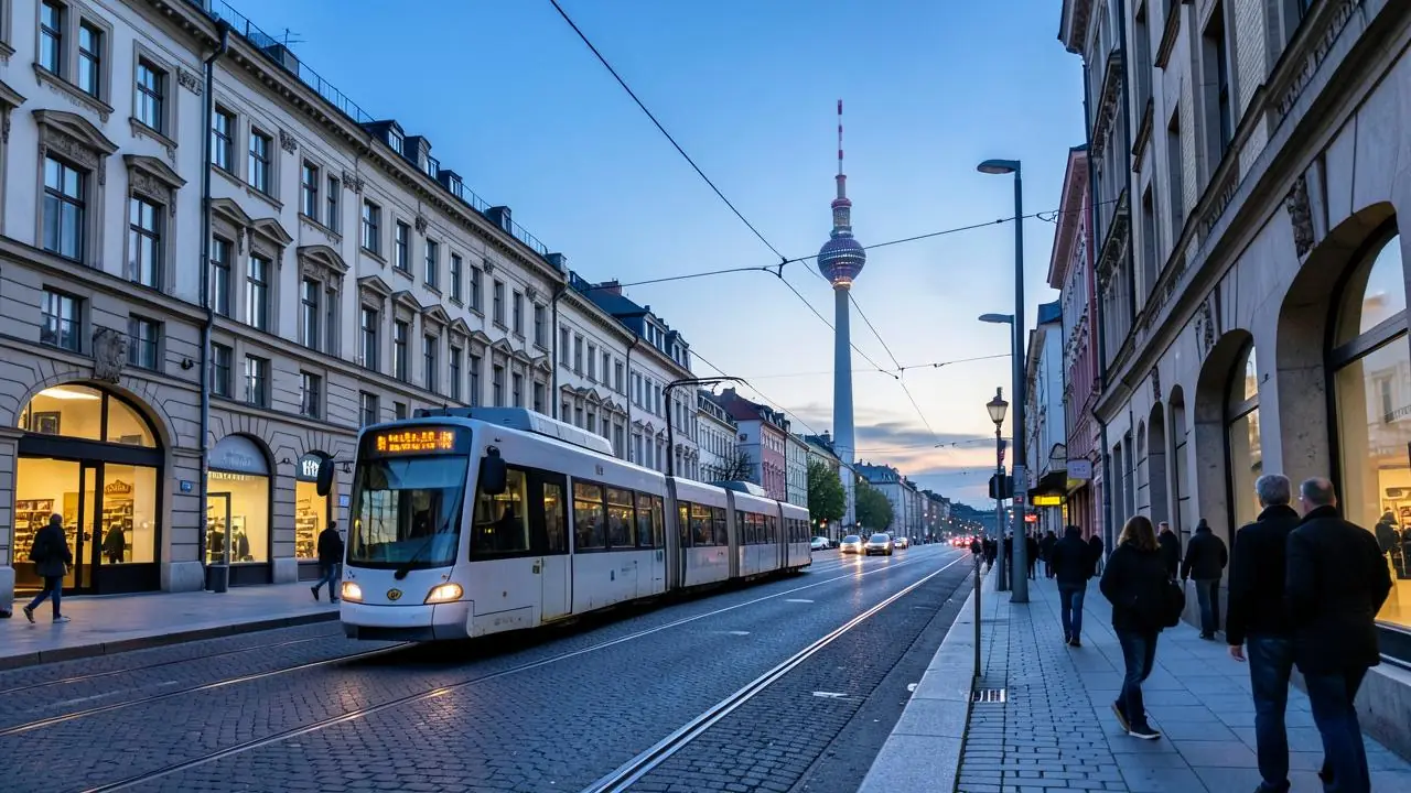 A tree-lined Berlin street in Kreuzberg with canal-side cafes