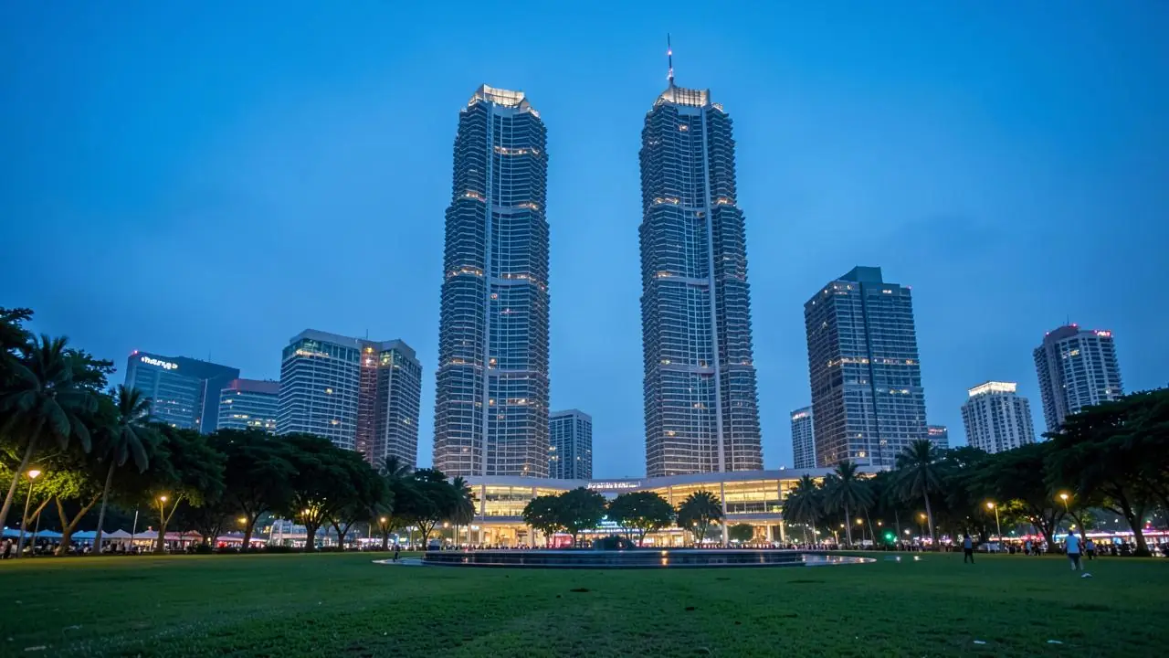 The Petronas Twin Towers lit at night seen across KLCC park
