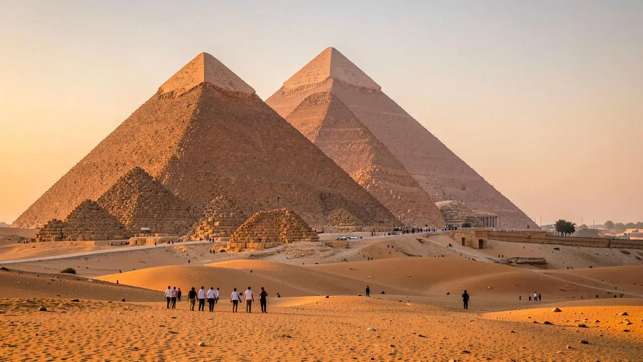 The Great Pyramid at Giza seen across desert from a hotel garden at dawn