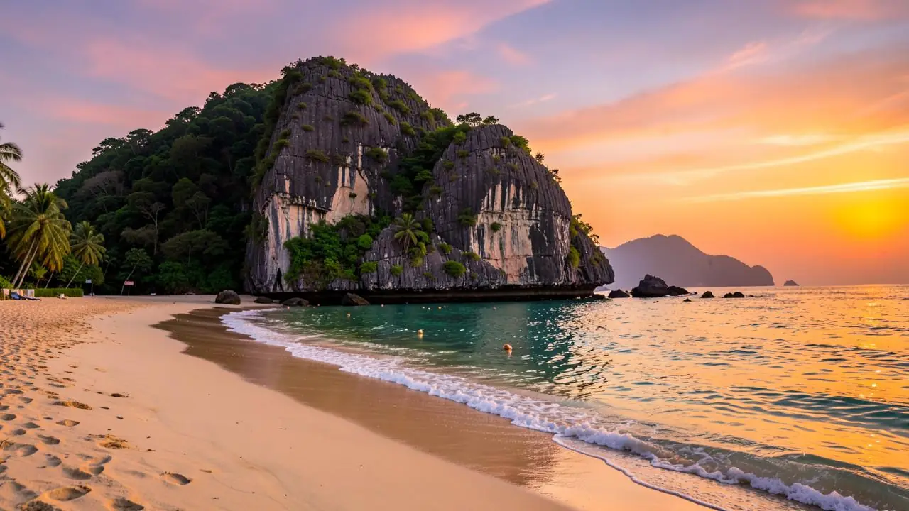 A calm west coast Phuket bay at sunset with limestone headlands at each end
