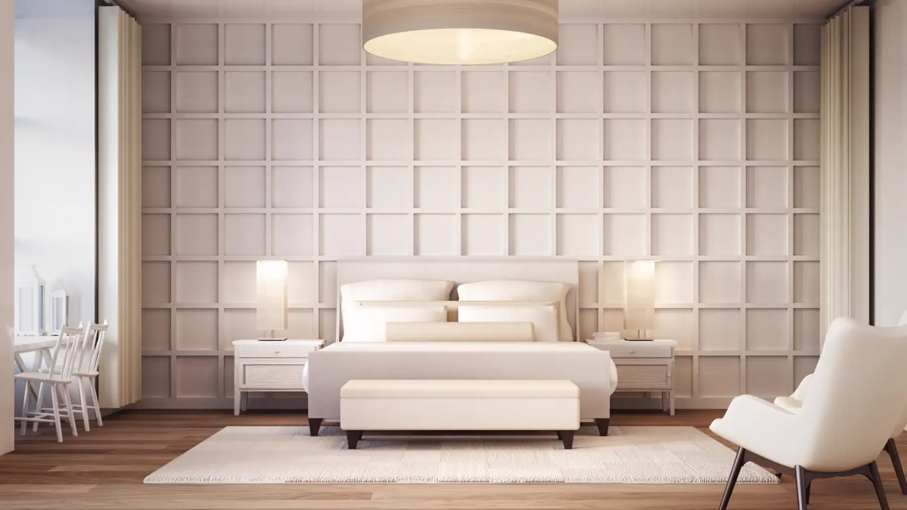 A bright, refined hotel room with a centered bed
