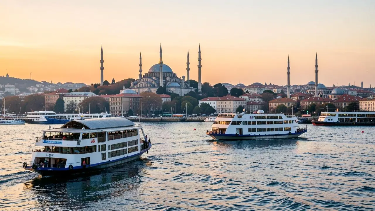 A public ferry crossing the Bosphorus at dusk with the Istanbul skyline behind