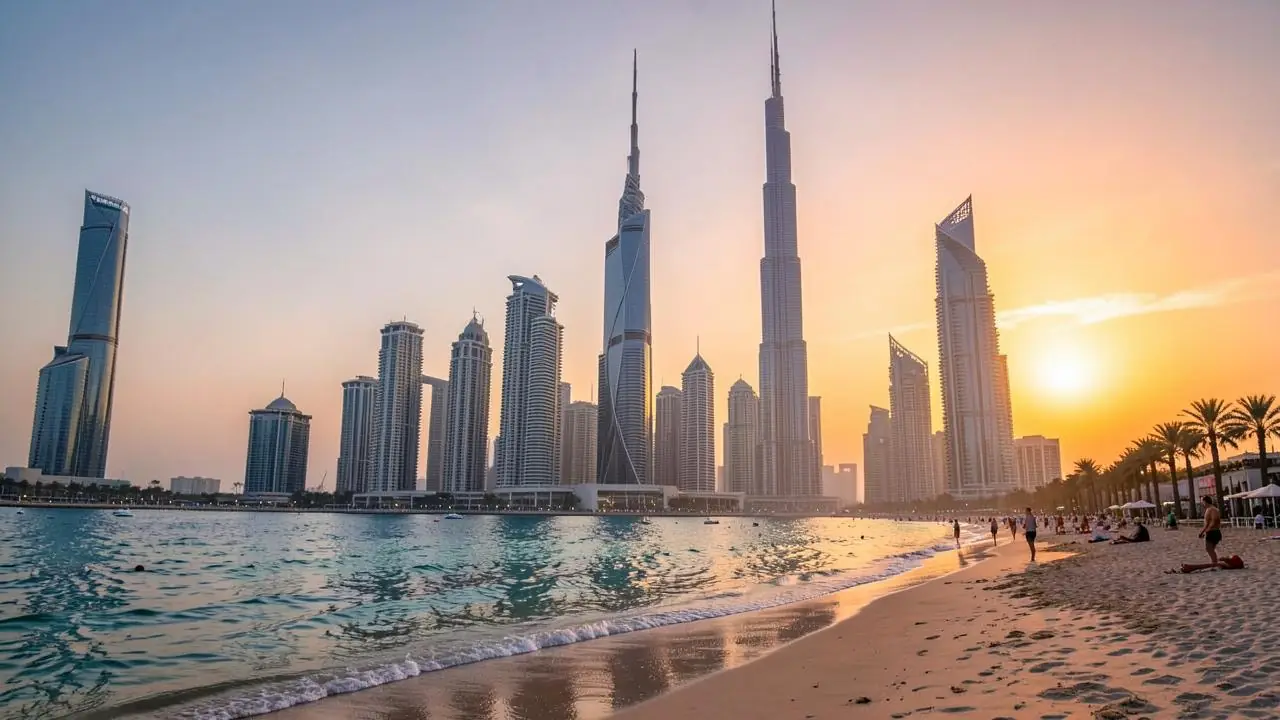 The Dubai beach strip at sunset with the skyline behind and the Gulf in front